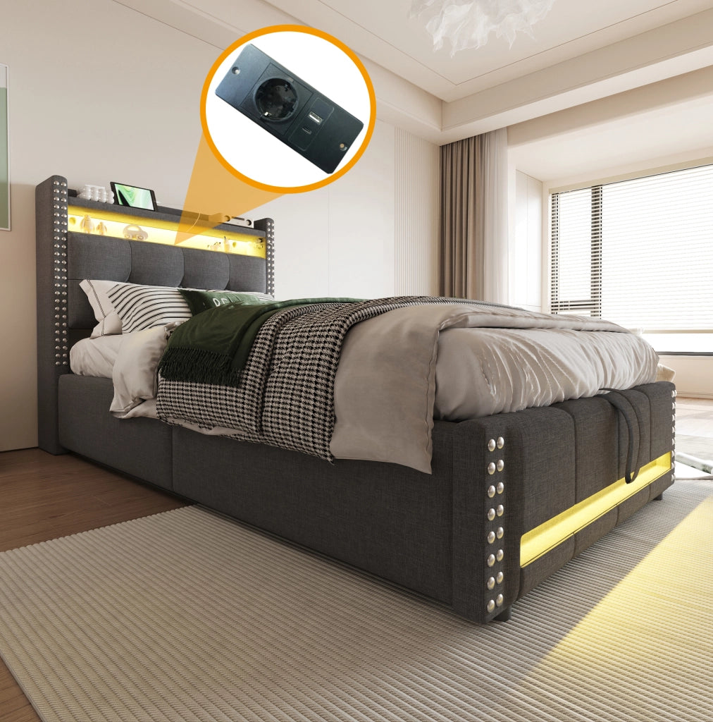 Letto imbottito singolo 90x200 cm con LED, USB e contenitore idraulico, grigio