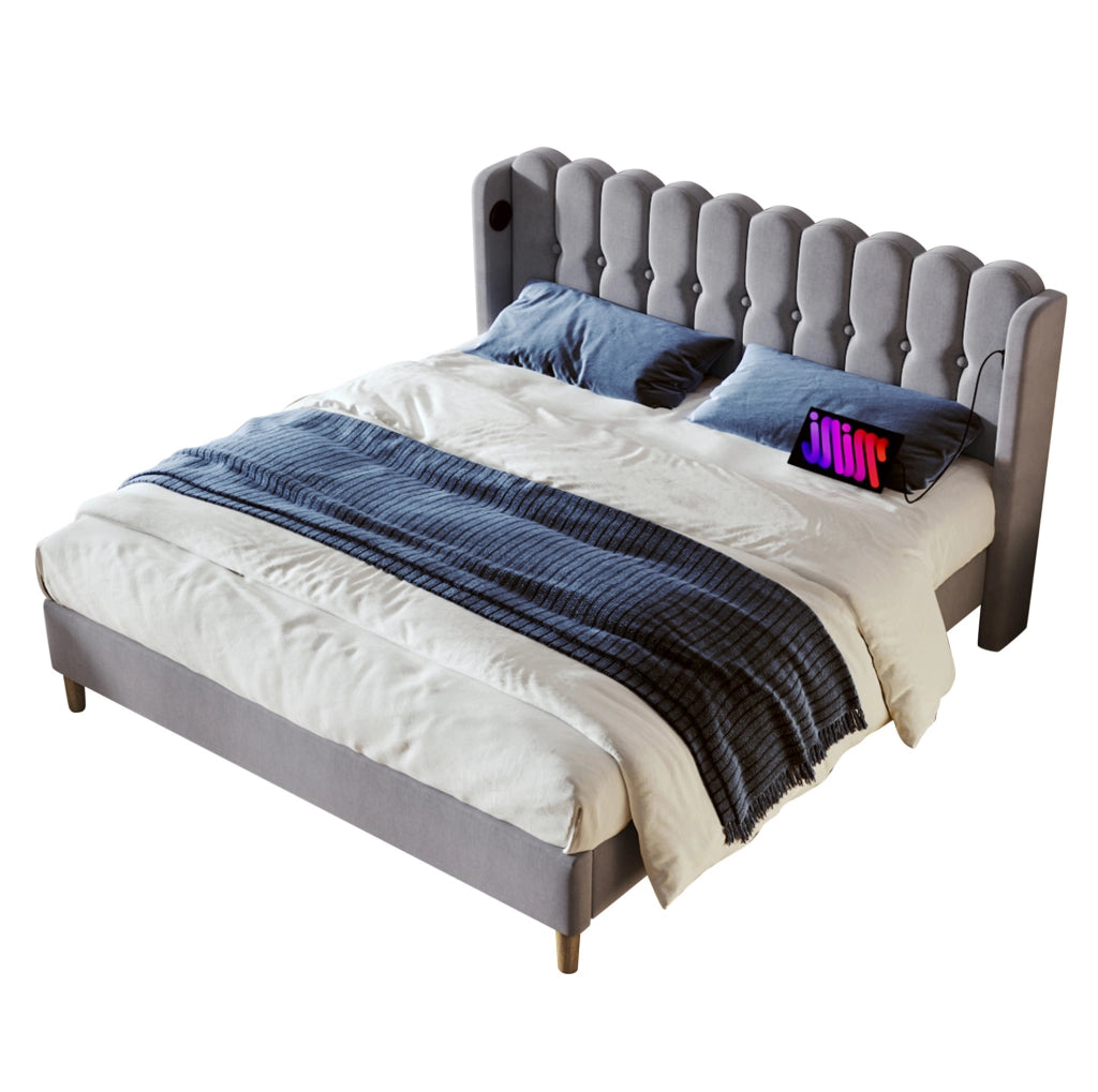 Letto matrimoniale imbottito grigio 180x200 cm con USB e USB-C