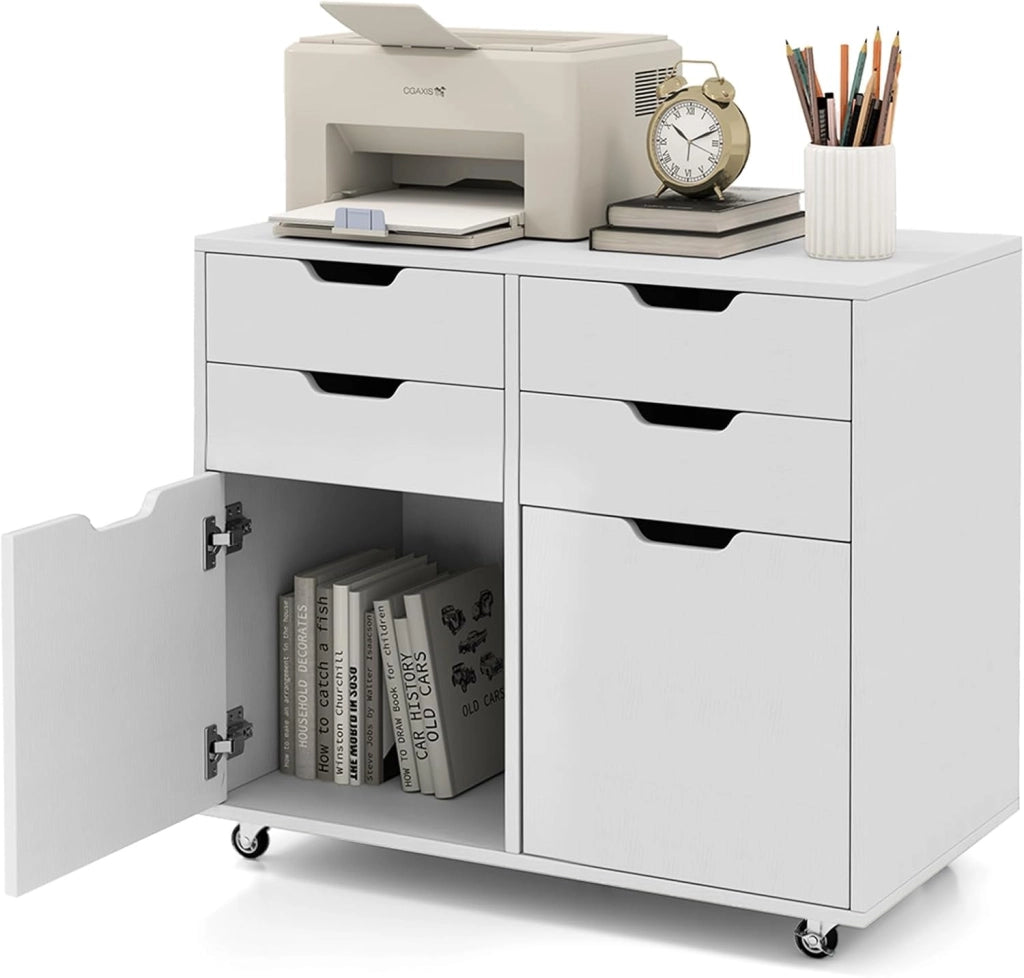 Cassettiera da Ufficio con 4 Cassetti e 2 Ante, Armadietto da Studio in Legno con 5 Ruote Universali, Mobile Porta Stampante Salvaspazio, per Soggiorno, 73 x 40 x 64,5 cm, Bianco