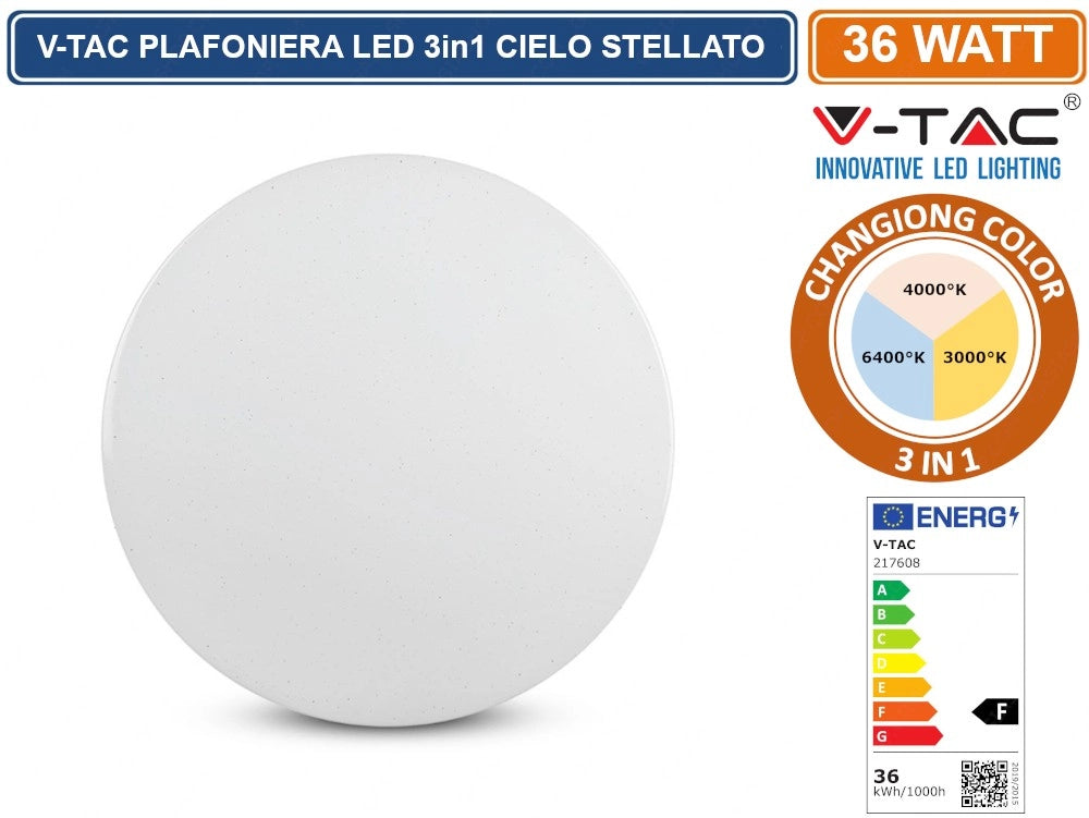 V-TAC VT-8436 PLAFONIERA LED 36W CHANGING COLOR 3IN1 FORMA CIRCOLARE EFFETTO CIELO STELLATO - SKU 217608