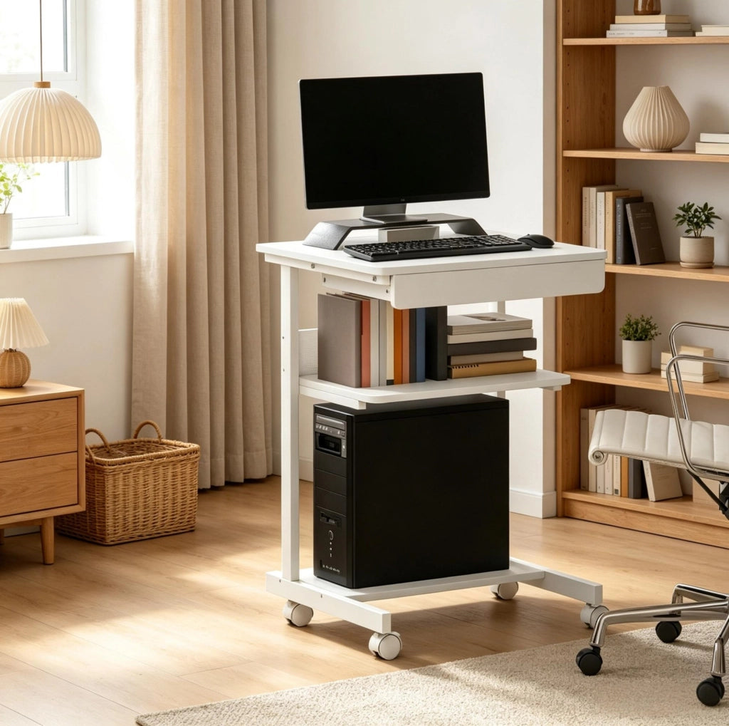 Scrivania per computer con ruote, 56x51 cm, con cassetto, ripiano e supporto CPU, per ufficio e home office, bianca
