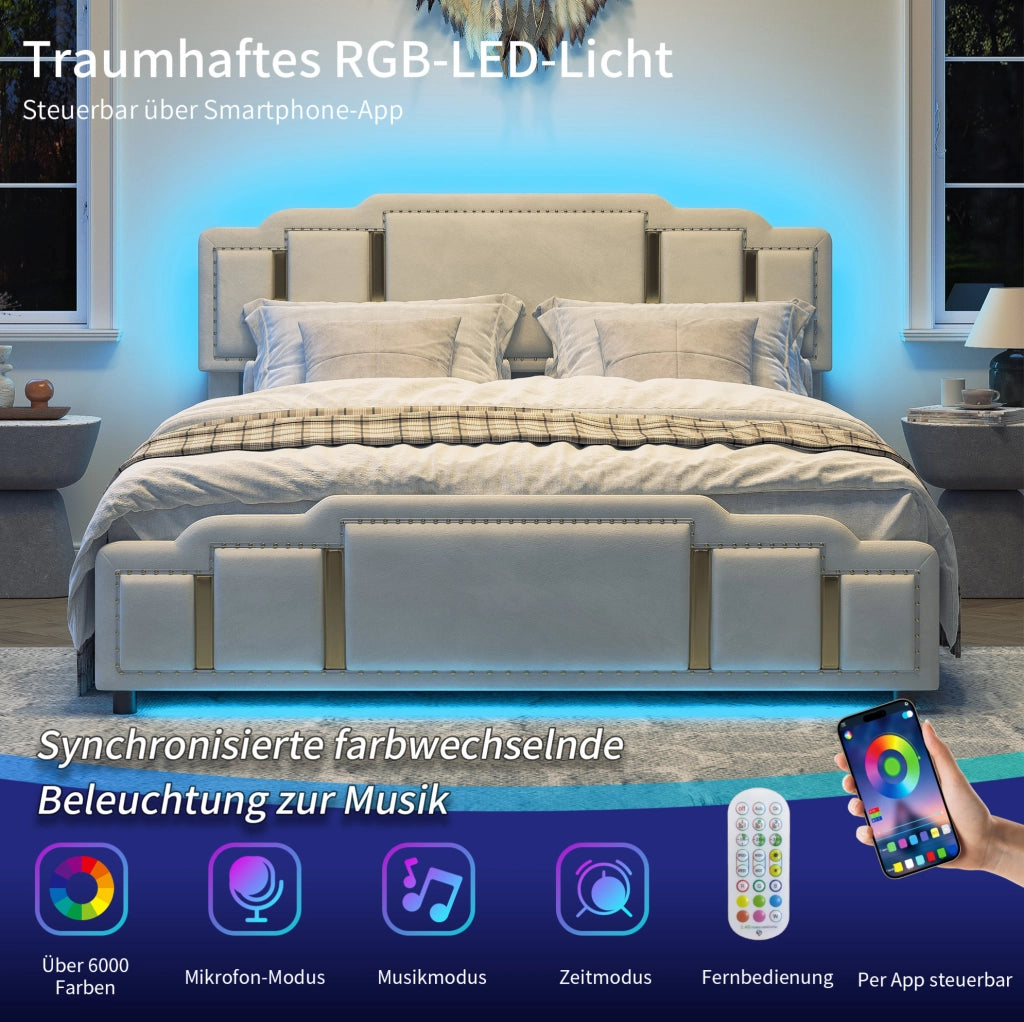 Letto contenitore 140x200 cm in velluto beige con LED