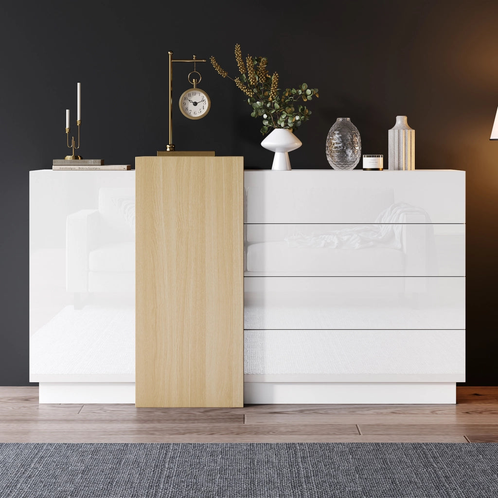 Credenza bianca lucida 140 cm con 4 cassetti e 2 ante; in MDF
