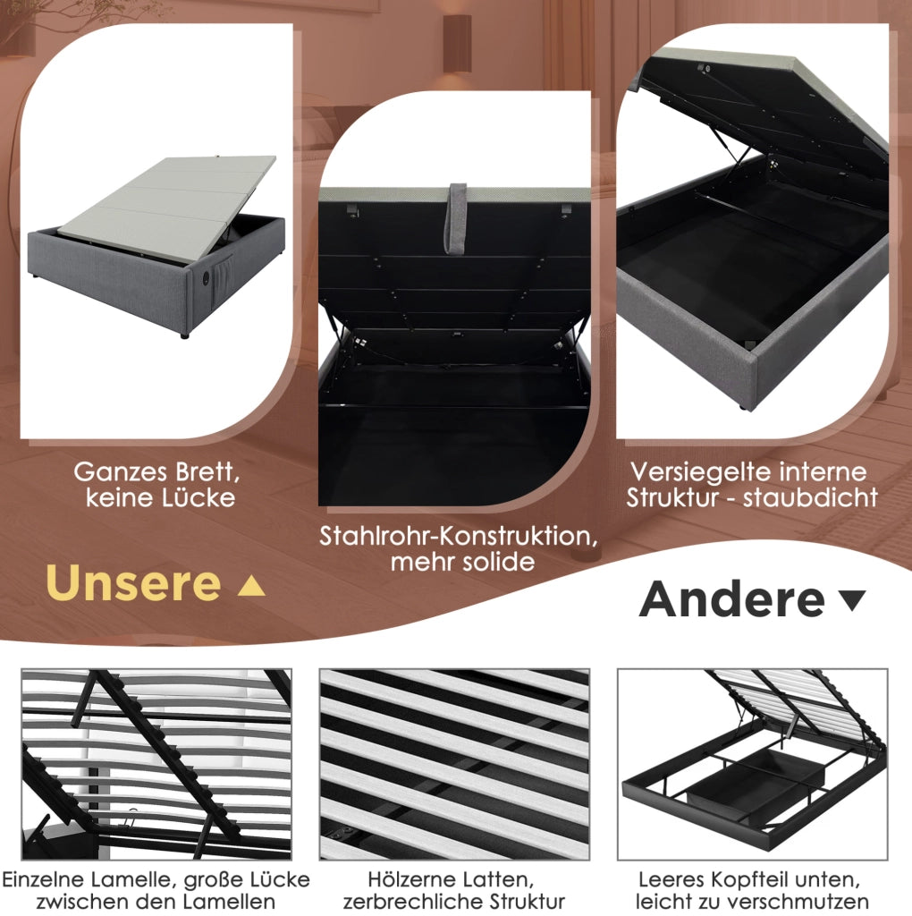 LETTO Contenitore 160x200 cm Grigio con USB Type-C senza testiera