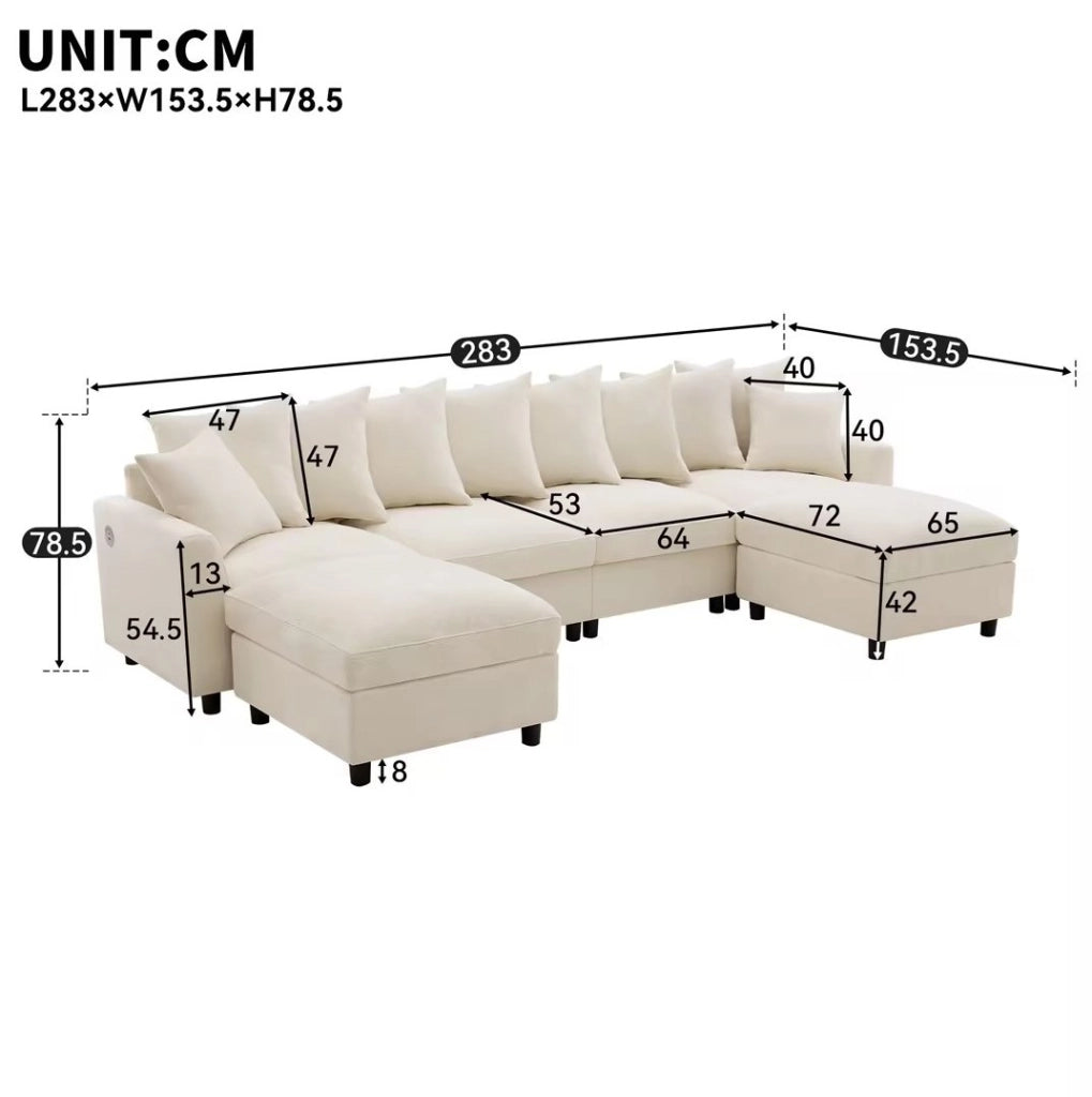 Divano angolare modulare 6 posti a U/L con 2 pouf, porte USB e Type-C, chenille beige