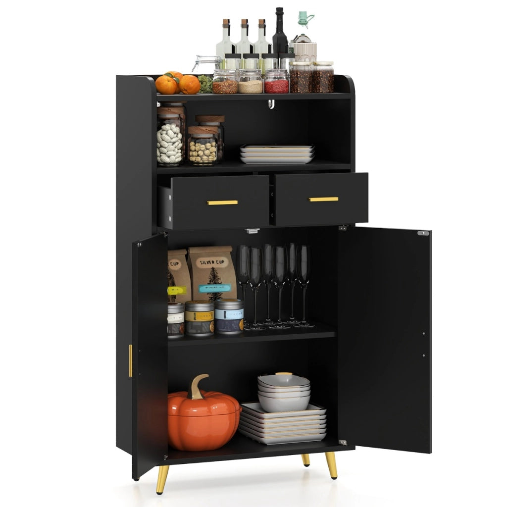 Mobile dispensa 113 cm con ante 2 cassetti e ripiano regolabile per bagno, Armadio da cucina sala da pranzo soggiorno Nero-Credenze buffet
