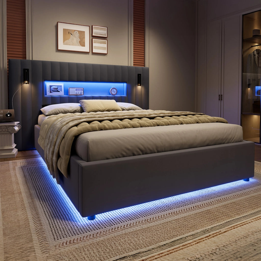Letto matrimoniale imbottito 140 x 200 cm con contenitore, luci da lettura e USB