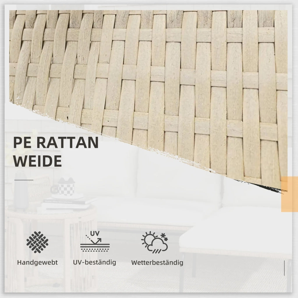 Set mobili da giardino in rattan con sdraio, tavolino, divano 2 posti e cuscini crema per terrazza e balcone