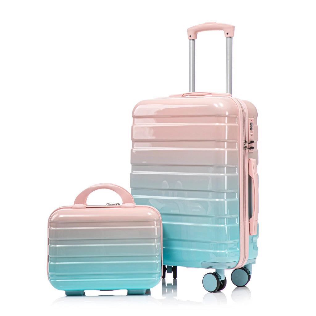 Set Valigie 2 Pezzi Spinner PC con Lucchetto Combinazione + Borsa Cosmetica 14", Rosa