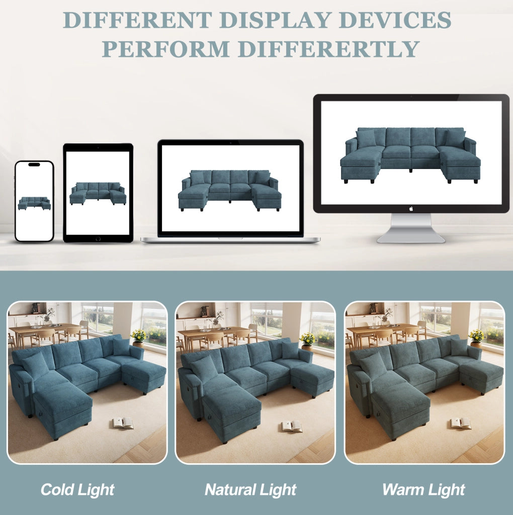 Divano modulare blu in ciniglia 261x134x82 cm con 2 pouf contenitore; USB e Type-C