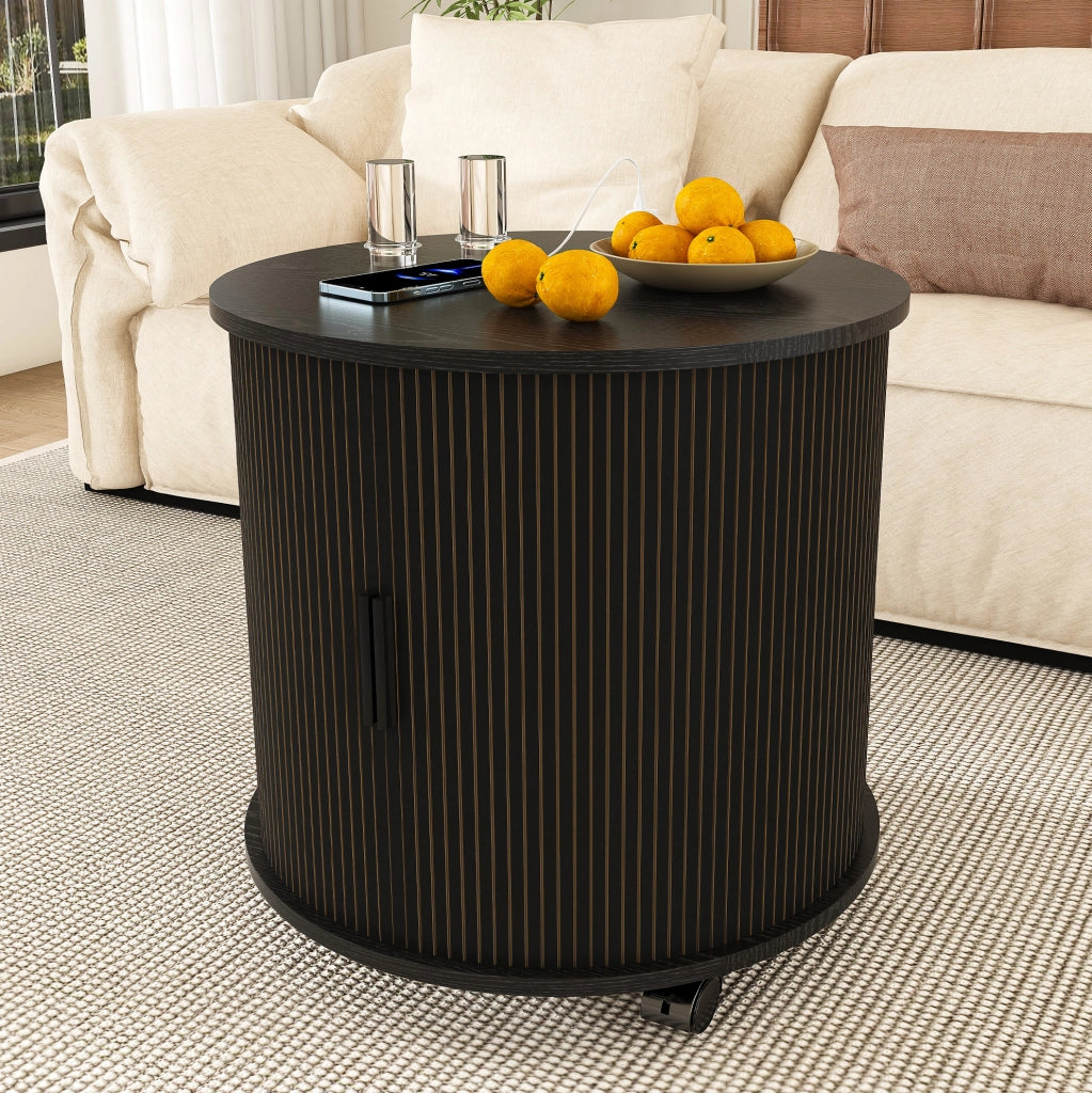 Comodino cilindrico 60x60x60 cm con presa AC e 2 USB in MDF nero
