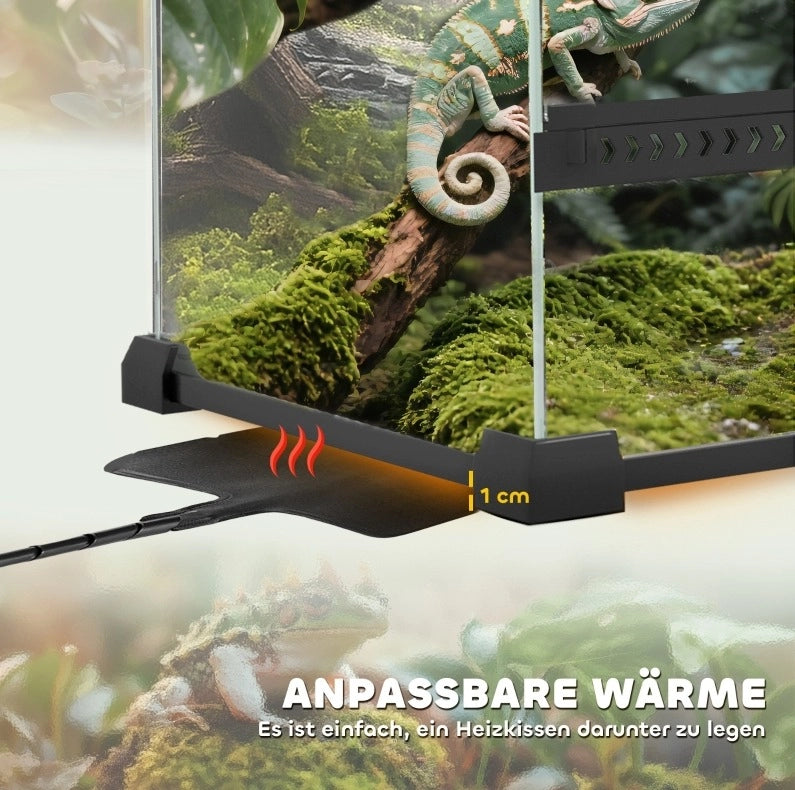 Terrario in vetro 48L per rettili con ventilazione frontale, parete posteriore effetto pietra, 50 x 30 x 35 cm nero