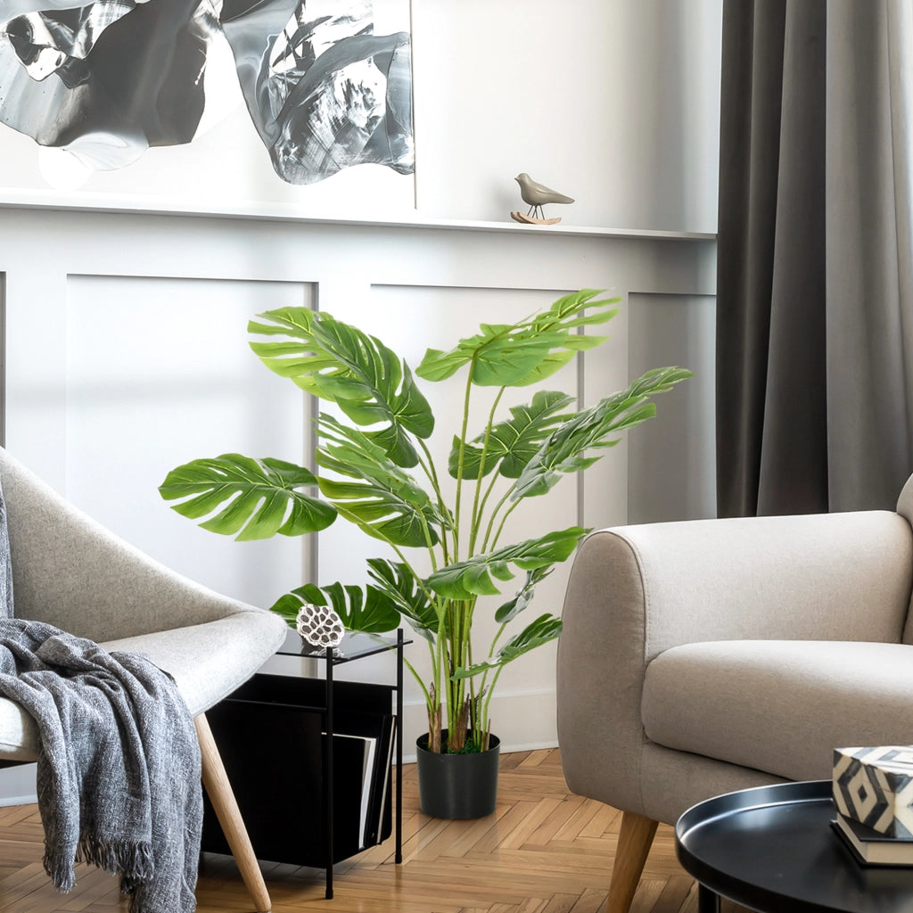 Pianta artificiale monstera 120 cm con vaso nero e muschio artificiale in plastica verde per interni ed esterni
