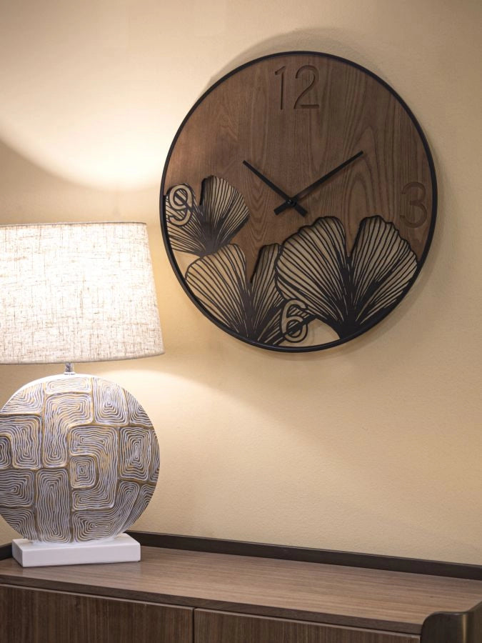 Orologio da Muro Super Wood/Leaf 60x2x60 cm in Ferro e MDF Nero e Marrone