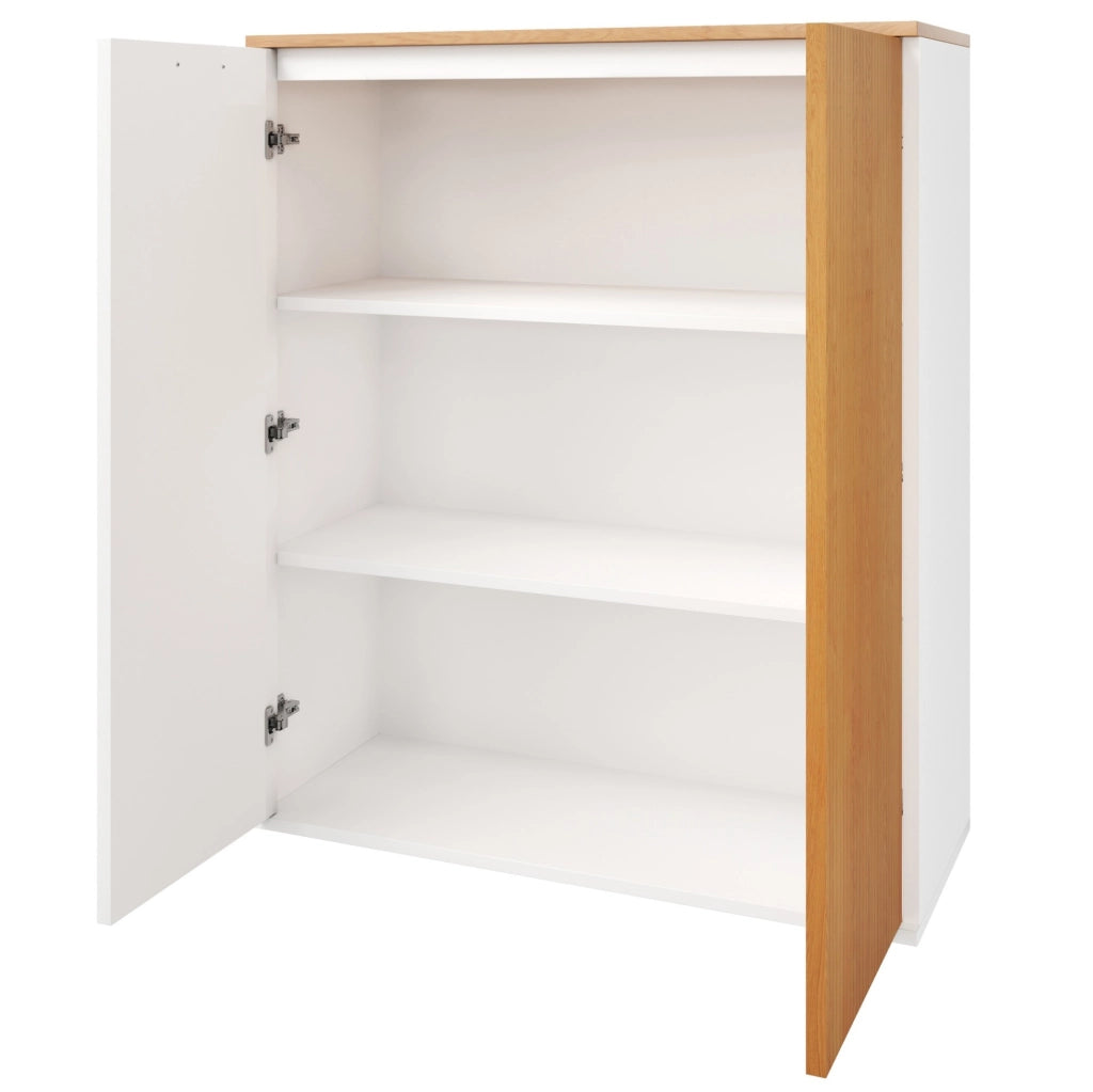 Mobile contenitore con ante e frontale a doghe; 80 x 40 x 110 cm; MDF bianco e rovere