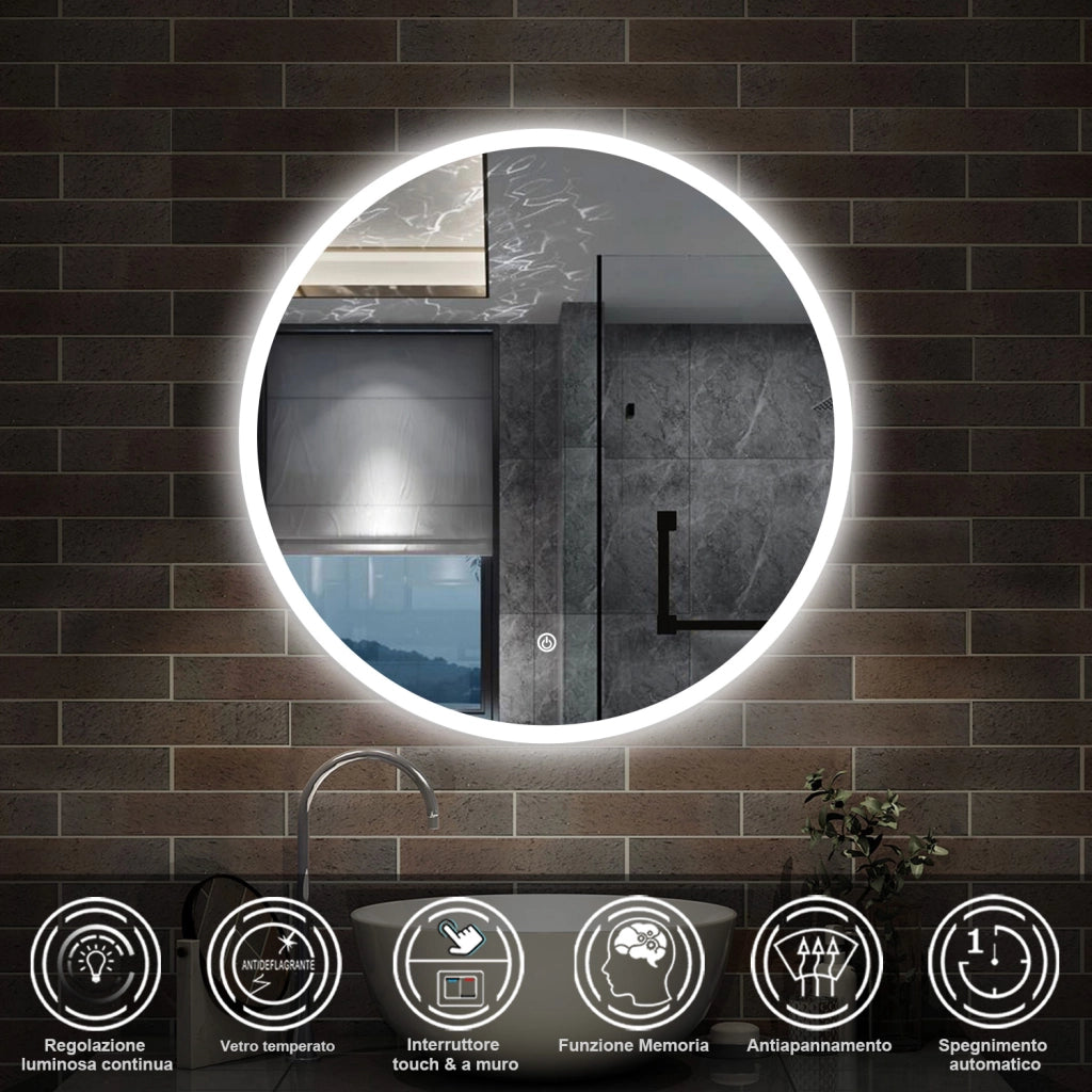 specchio 120 cm rotondo con luce led antiappannamento e touch