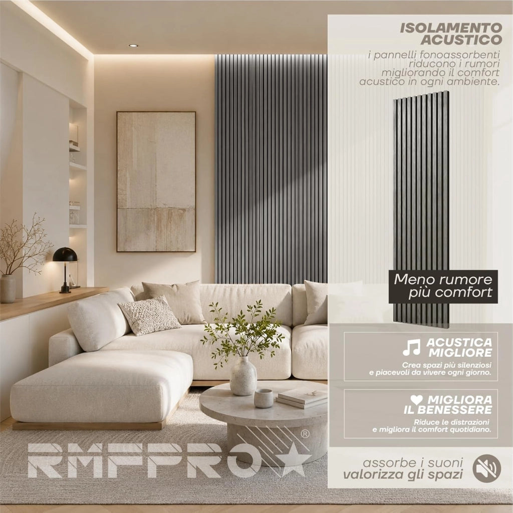 RMF PRO  Pannelli Decorativi Parete Legno Fonoassorbenti Rovere Grigio 240x60 cm (2,88 m²) – Rivestimento Acustico a Listelli MDF per Casa, Ufficio e Soggiorno