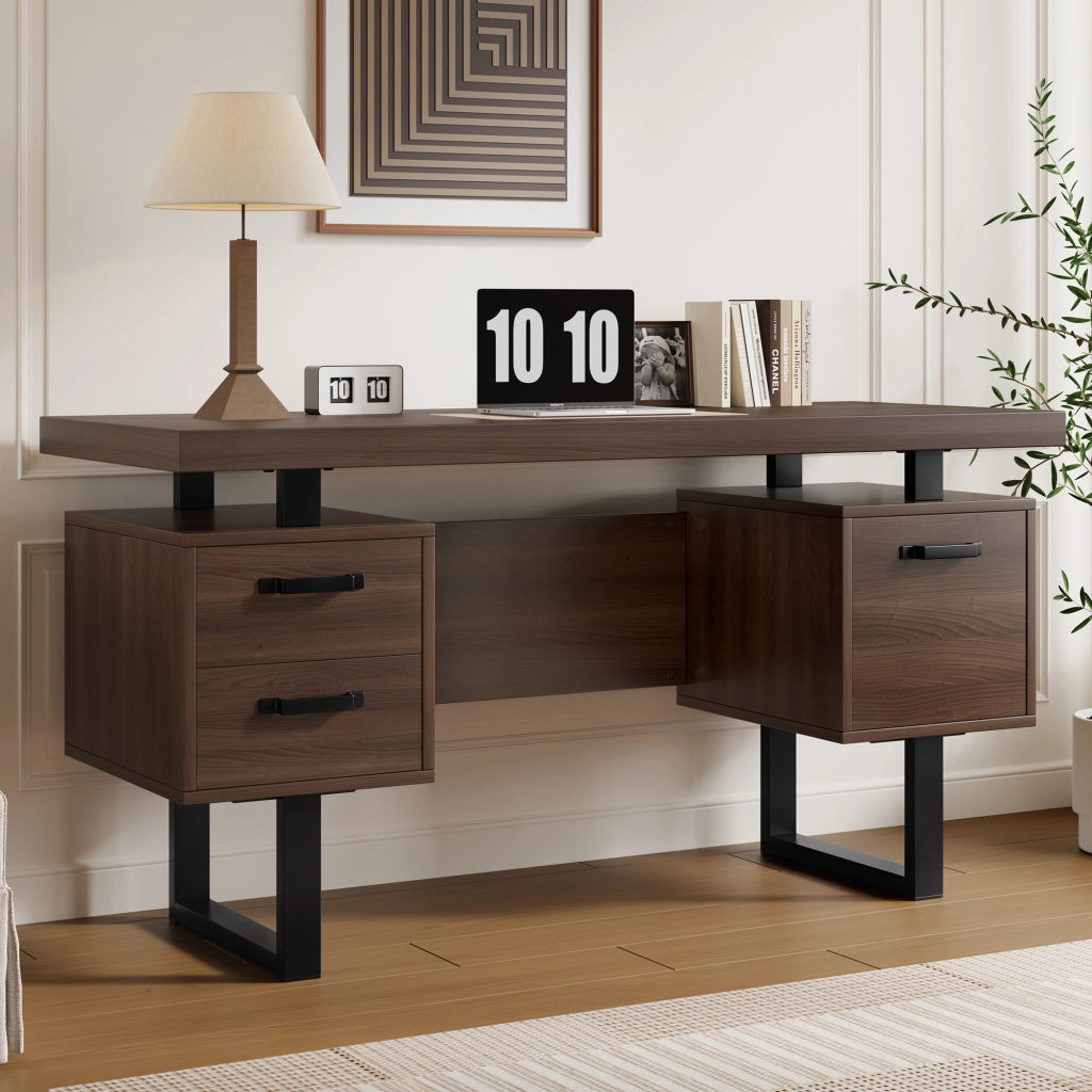 Scrivania da ufficio 135x54 cm con 2 cassetti e vano portadocumenti; MDF e metallo nero/marrone