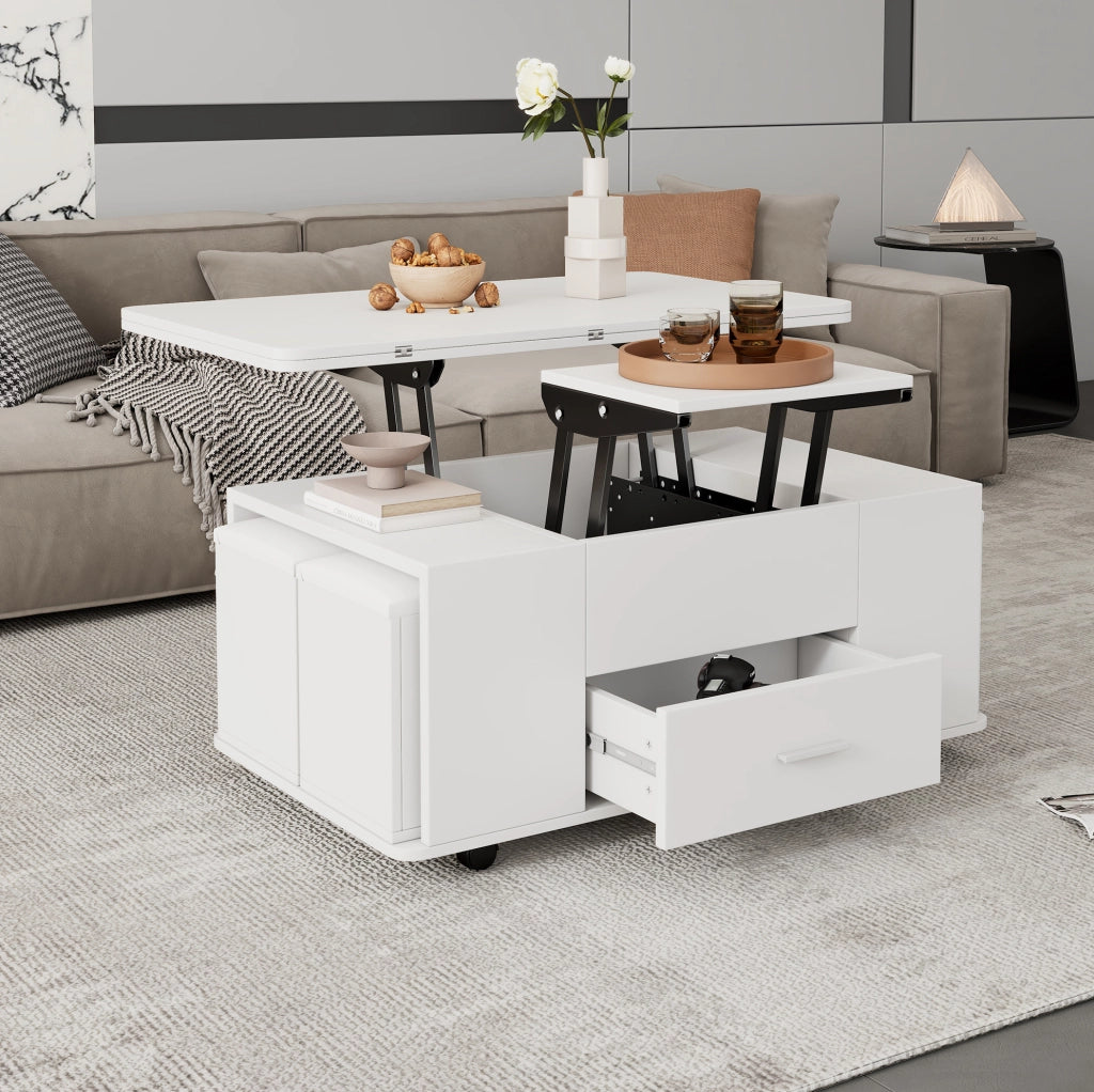 TAVOLO da caffè sollevabile 100 x 50 cm bianco con 4 sgabelli