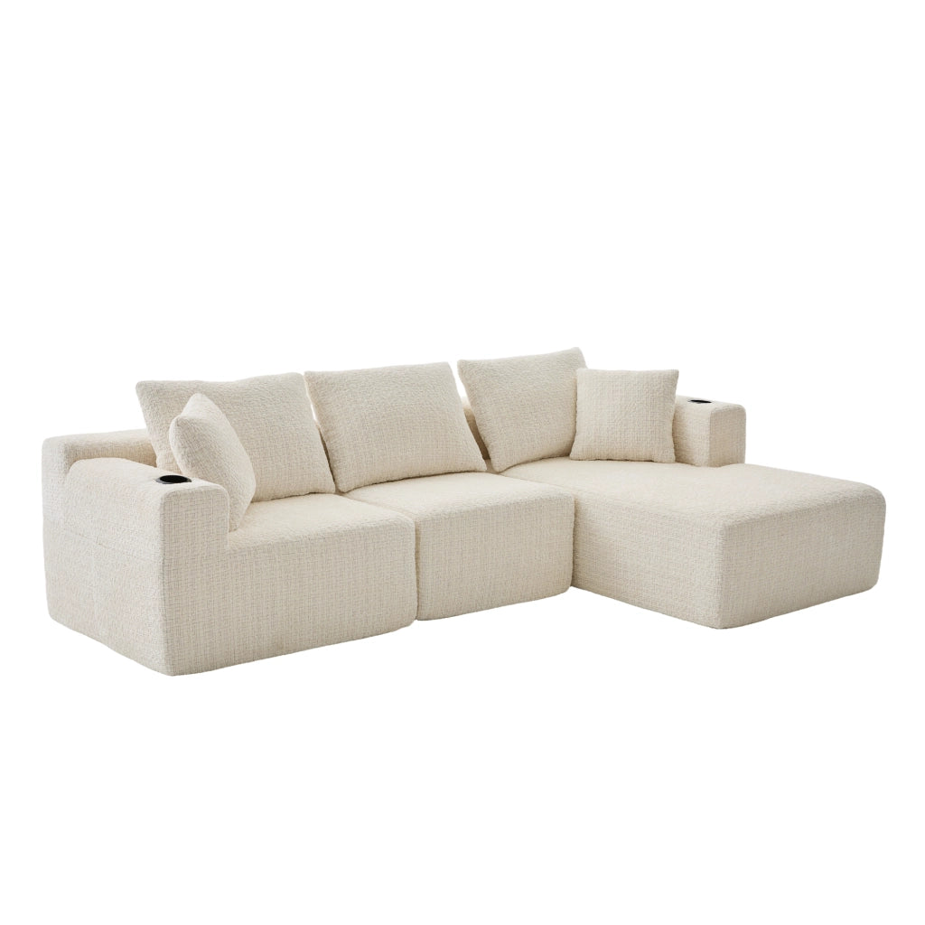 Divano modulare angolare 3 posti con braccioli larghi e tasche laterali in chenille beige