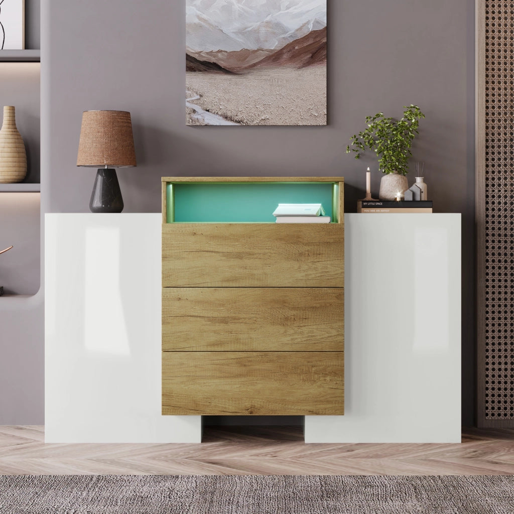 Sideboard moderno - Zephmum - 140cm - Bianco lucido e colore legno - Effetti luce LED multicolore