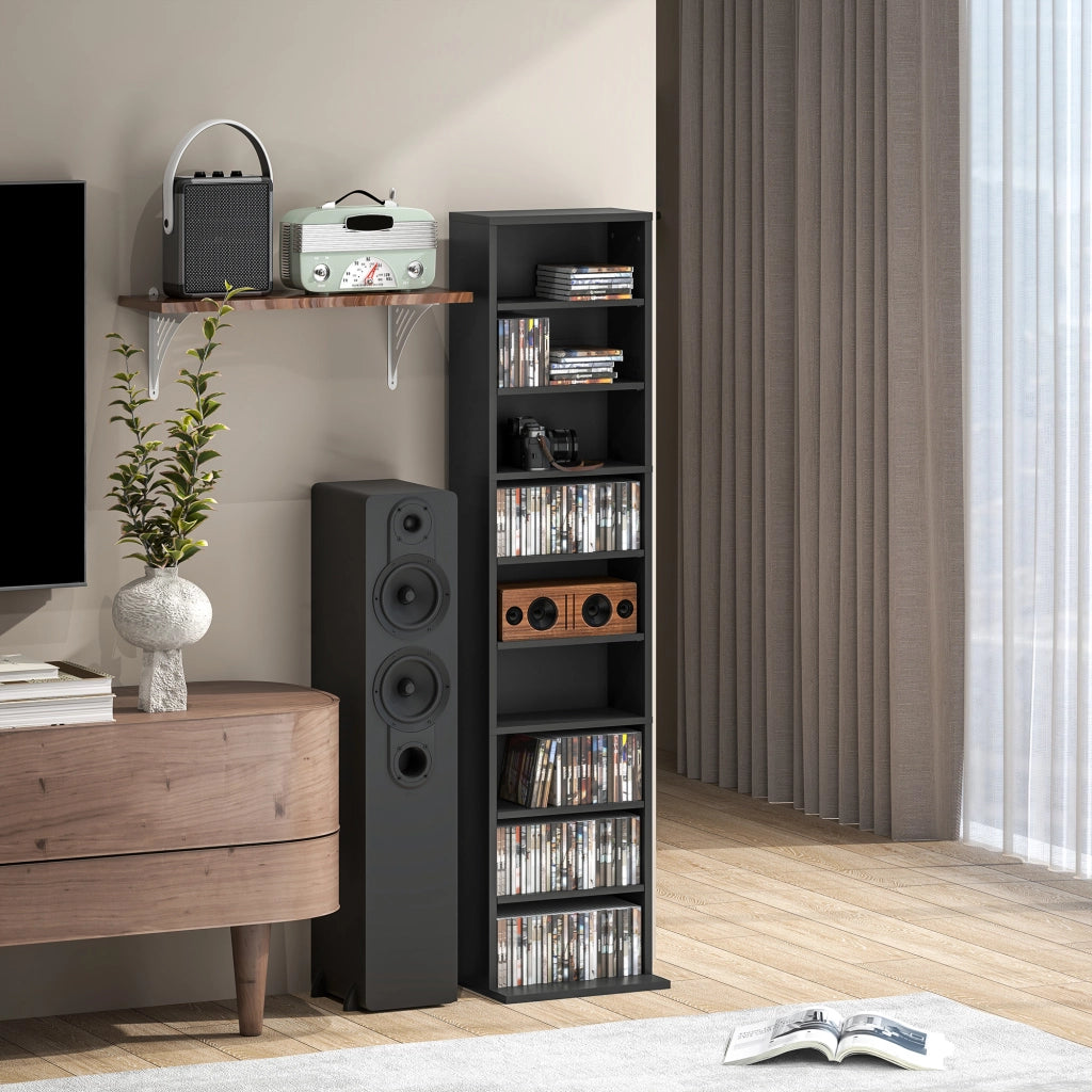 Libreria Porta CD e DVD 33x24x140 cm con 6 Ripiani Regolabili Nero