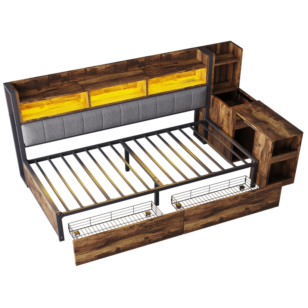 Letto 90x200 cm con scrivania estraibile e cassetti; metallo e legno
