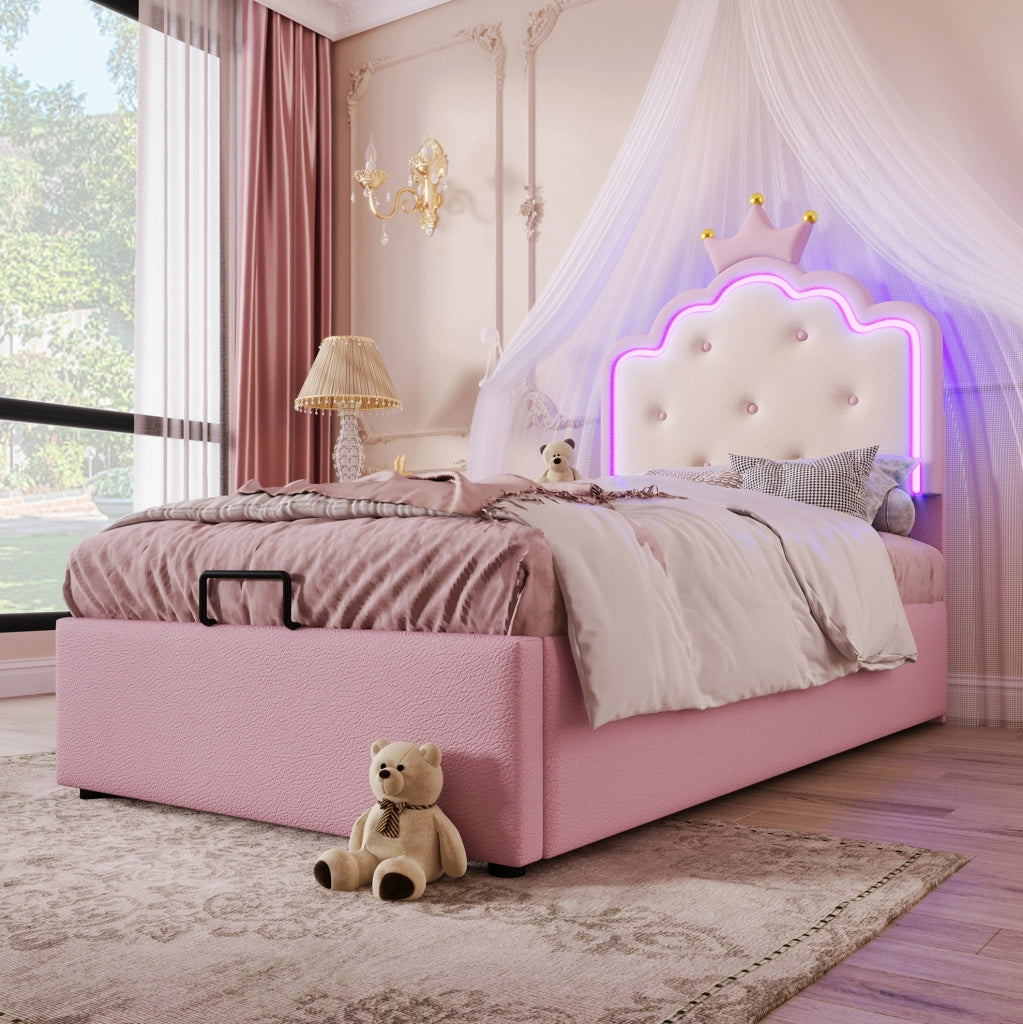 Letto per bambini imbottito 90x200 cm in PU e MDF con luce LED e contenitore, rosa