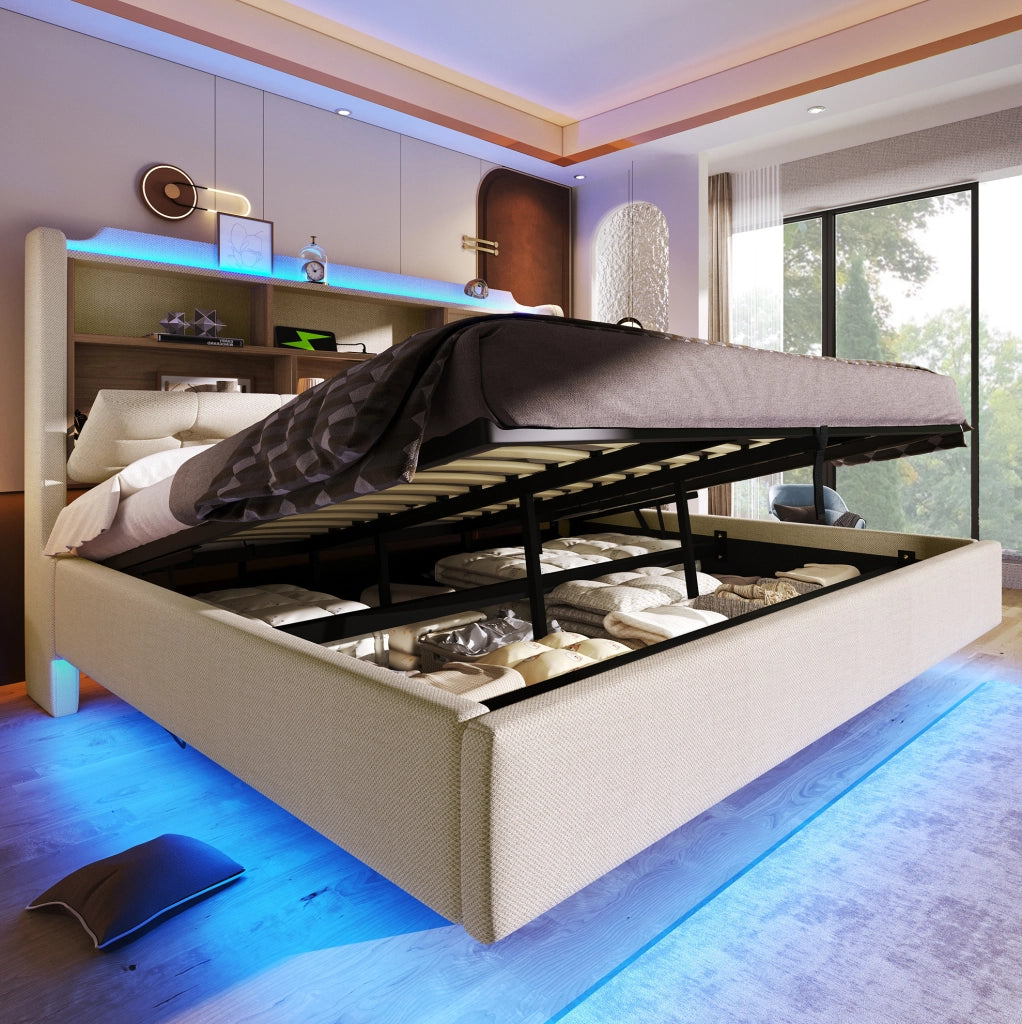 Letto imbottito 180x200 cm in lino beige con LED, contenitore idraulico, USB e Type-C
