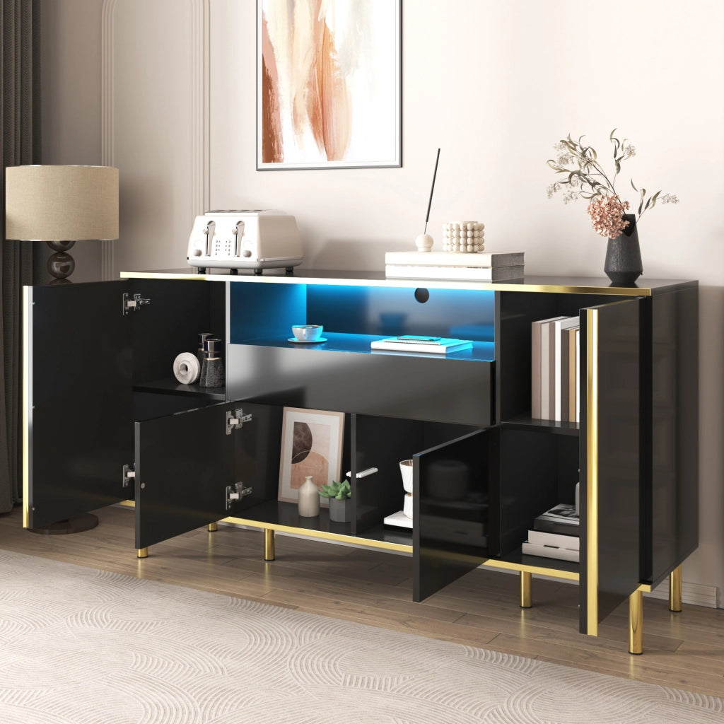 Sideboard nero lucido con LED; 150x40x80 cm; in MDF e truciolare