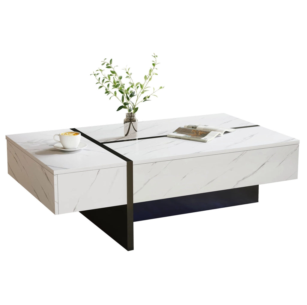 TAVOLO da caffè con LED, 105x60x35 cm, bianco, 3 cassetti