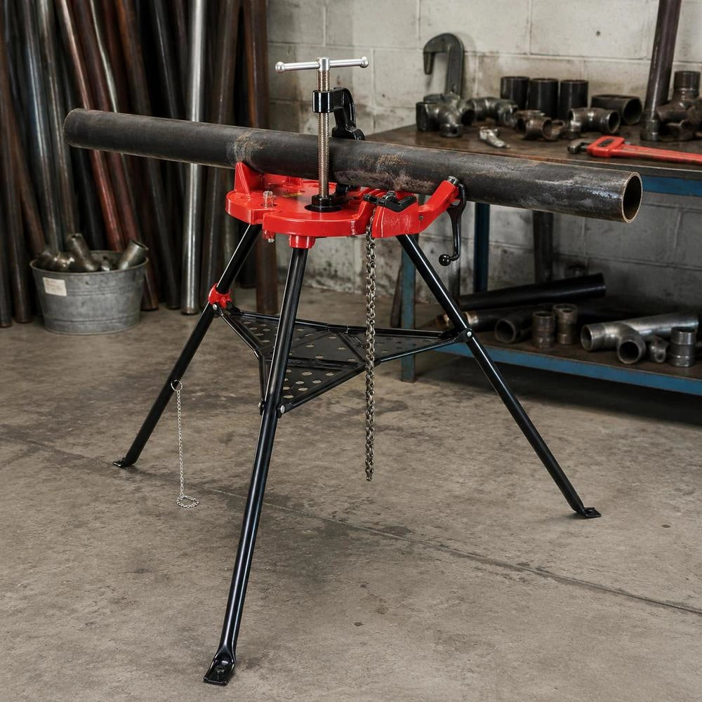 Tripod Pipe Chain Vise With Pipe Stand, Foldable Steel Legs, Pipe Supports With Tool Tray. Tripod Stand Chain Vise Ideal For A Variety Of Pipe Materials.