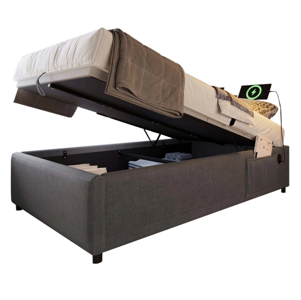 LETTO contenitore 90x200 cm con USB e Type-C tessuto grigio