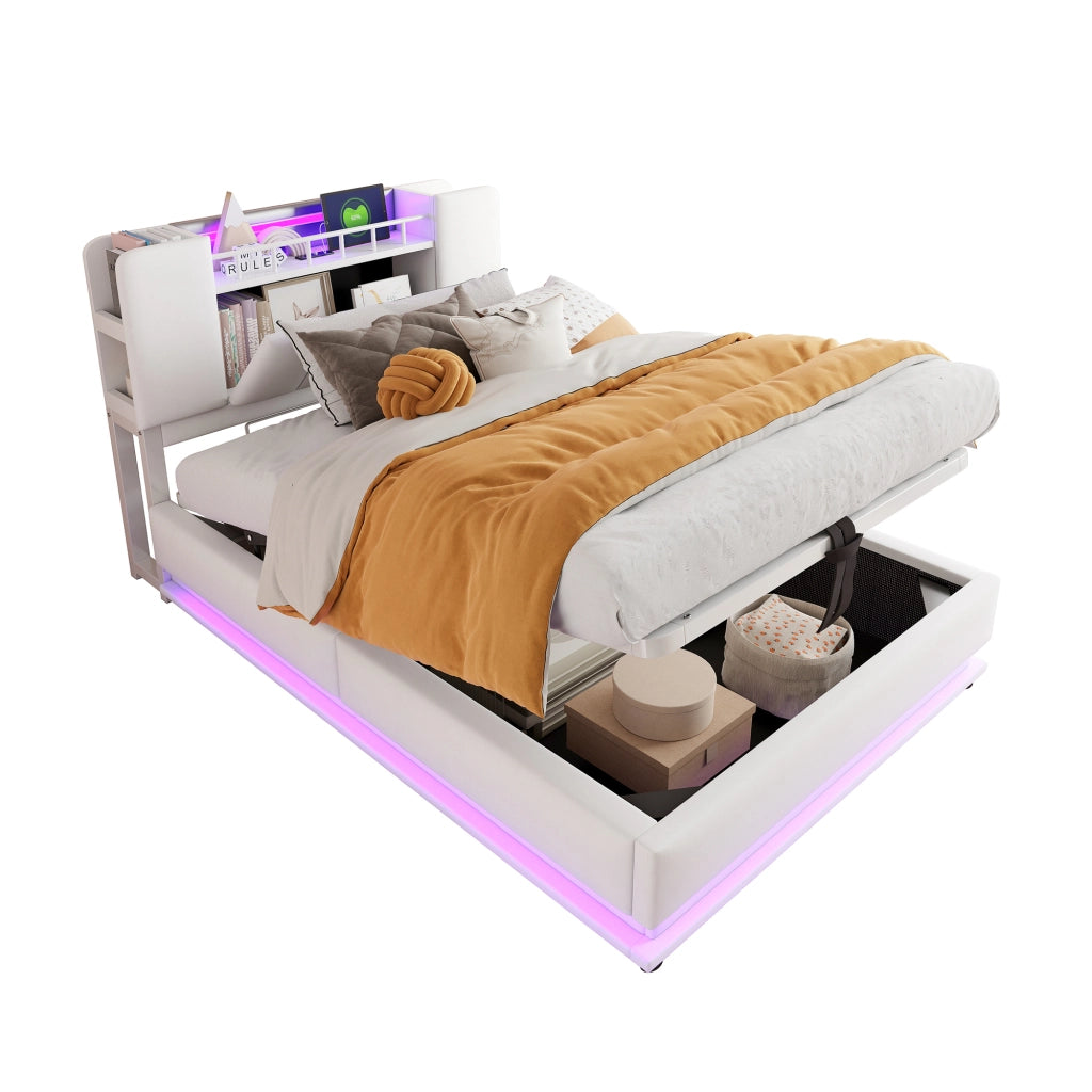 Letto imbottito per bambini 90x200 con LED e contenitore idraulico; velluto beige