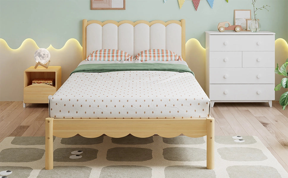 Letto imbottito per bambini con testiera in PU e doghe, 90x200 cm, beige