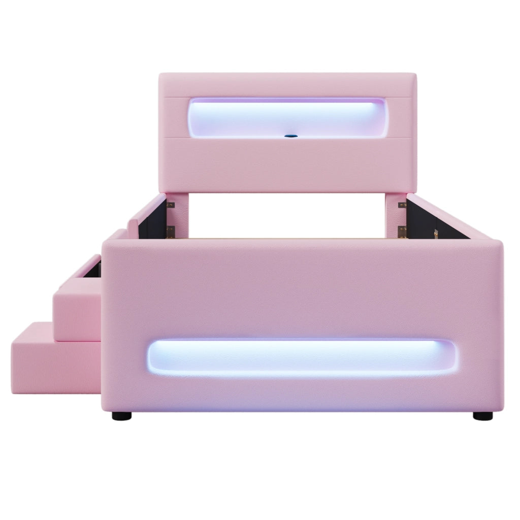 Letto con cassetti 90 × 200 cm imbottito con scala e LED in PU e MDF rosa