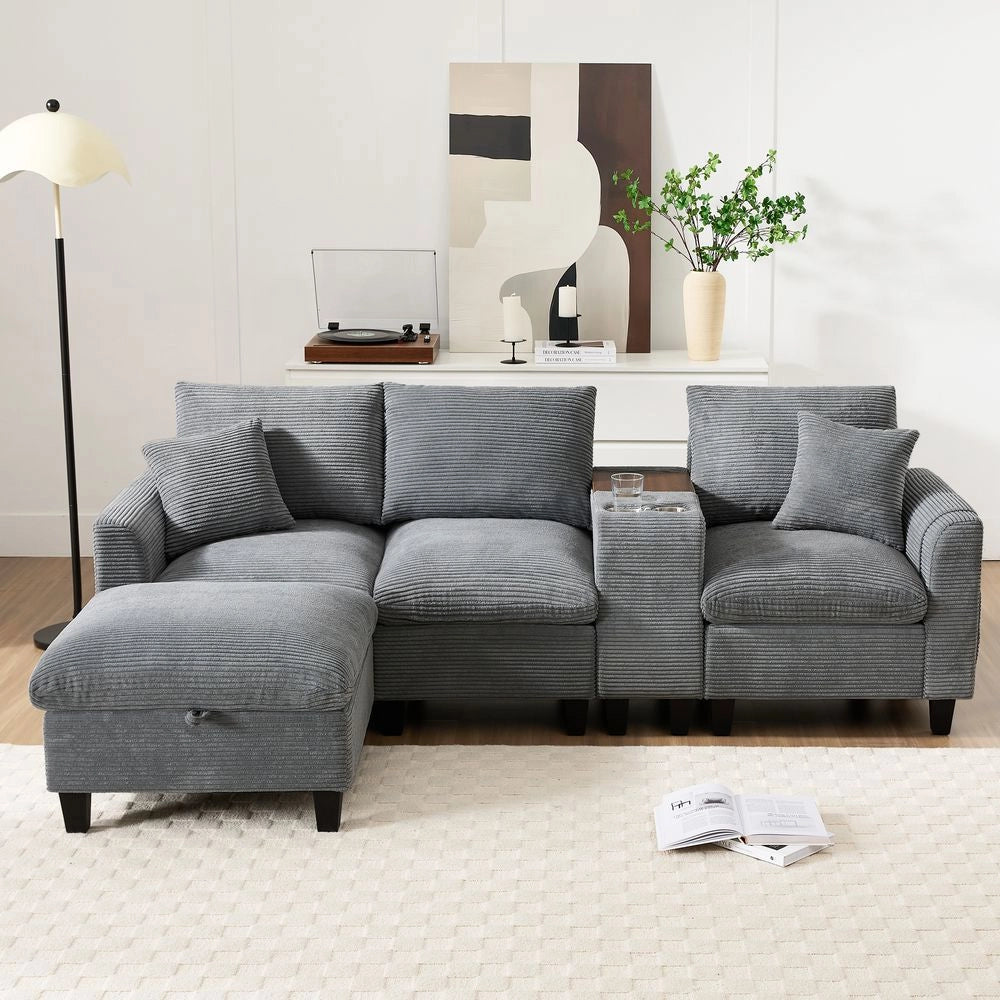 Divano angolare a L - Xylo - Velluto, console con USB, ripostiglio, grigio