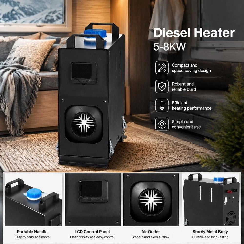 12V 5-8KW Diesel Car Fuel-Powered Parking Heater, Diesel Air Heater, Air Diesel Heater For Car RV Truck Motorhome Bus With Remote Control, Black LCD Switch & 1 Air Outlet