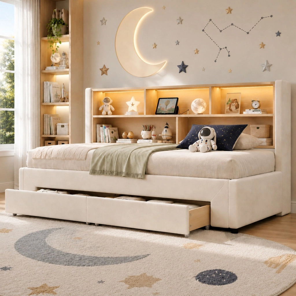 Letto per bambini estraibile 90x200 cm con LED; USB e Type-C; 2 cassetti; velluto beige