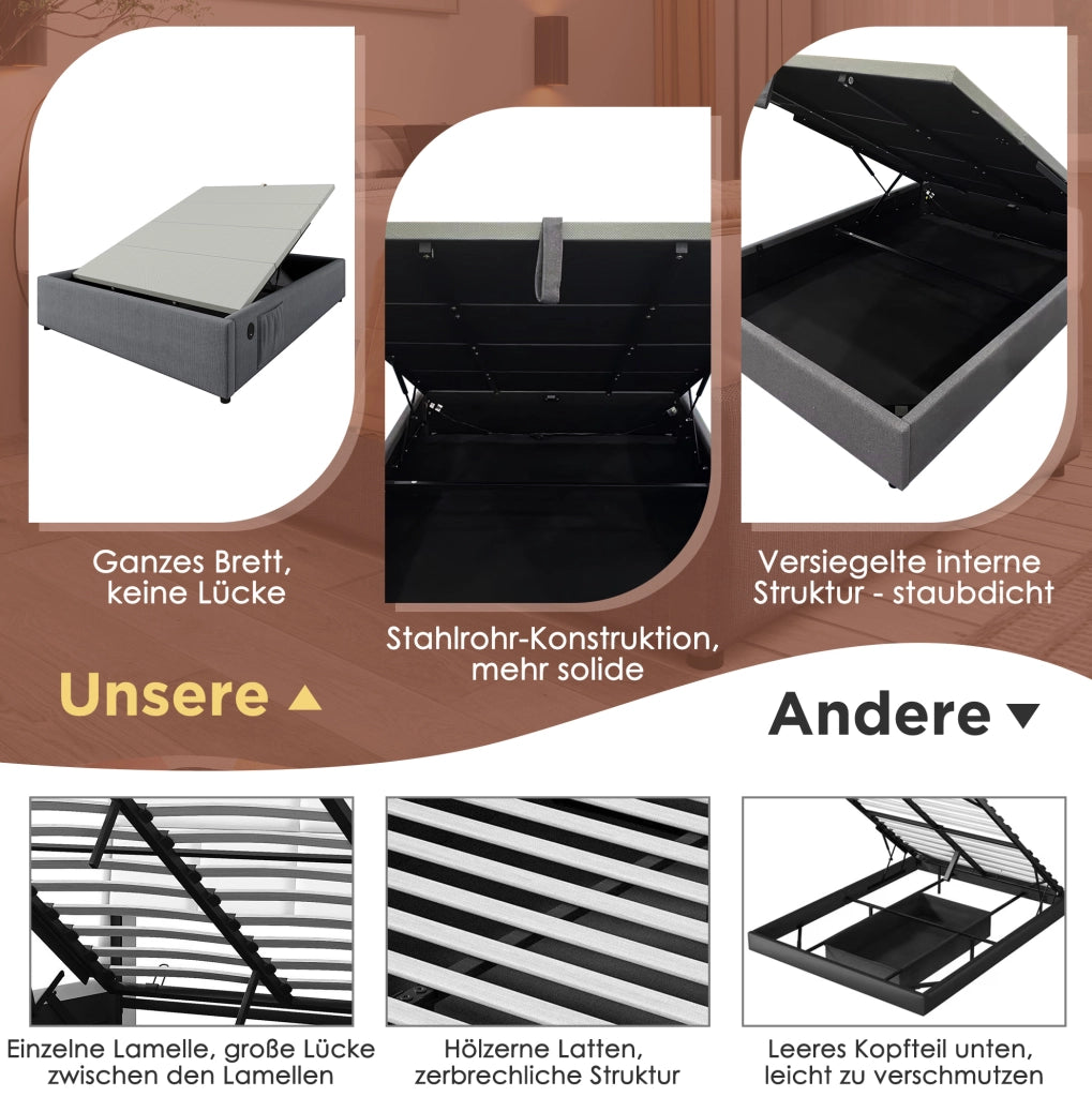 LETTO Contenitore 140x200 cm Grigio in lino con USB e Type-C