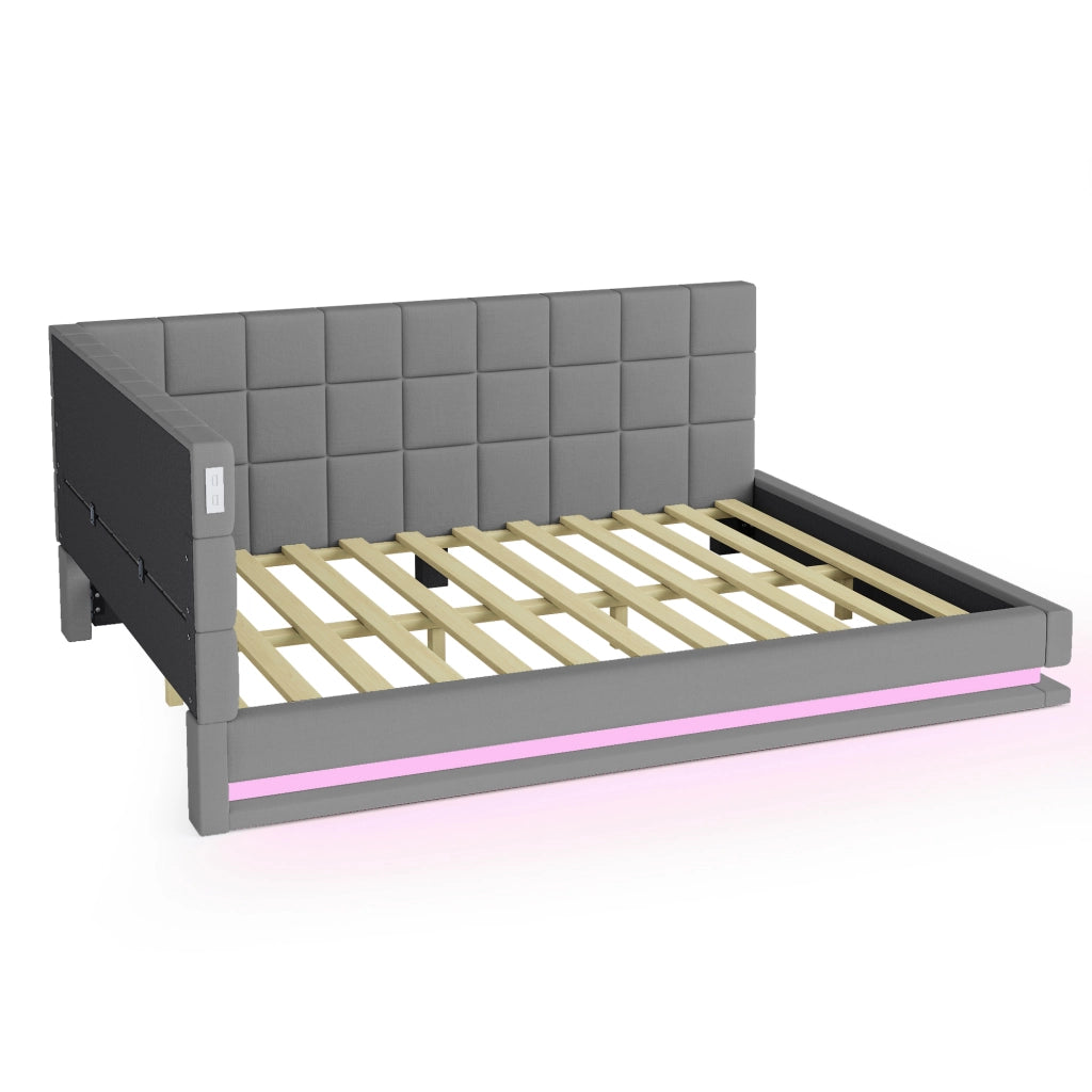 Divano letto 140x200 cm con LED multicolore e porta USB; rete a doghe; lino grigio