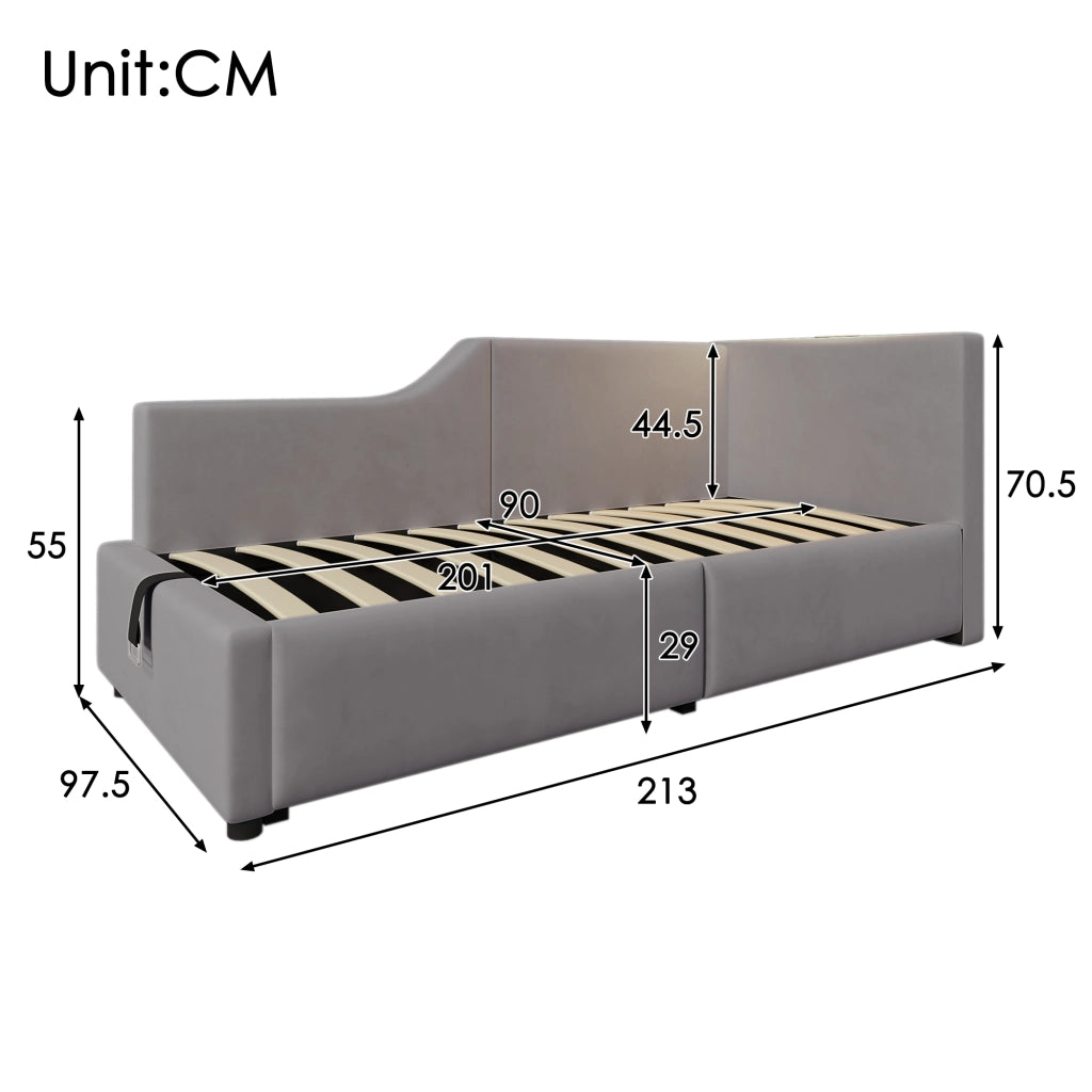 Letto singolo contenitore 90x200 cm in velluto grigio