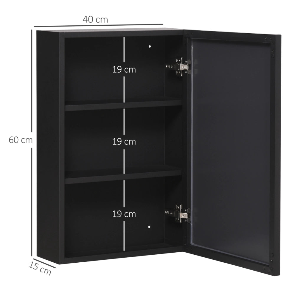 Mobile da bagno a parete con specchio, 3 ripiani, nero, 40x15x60 cm