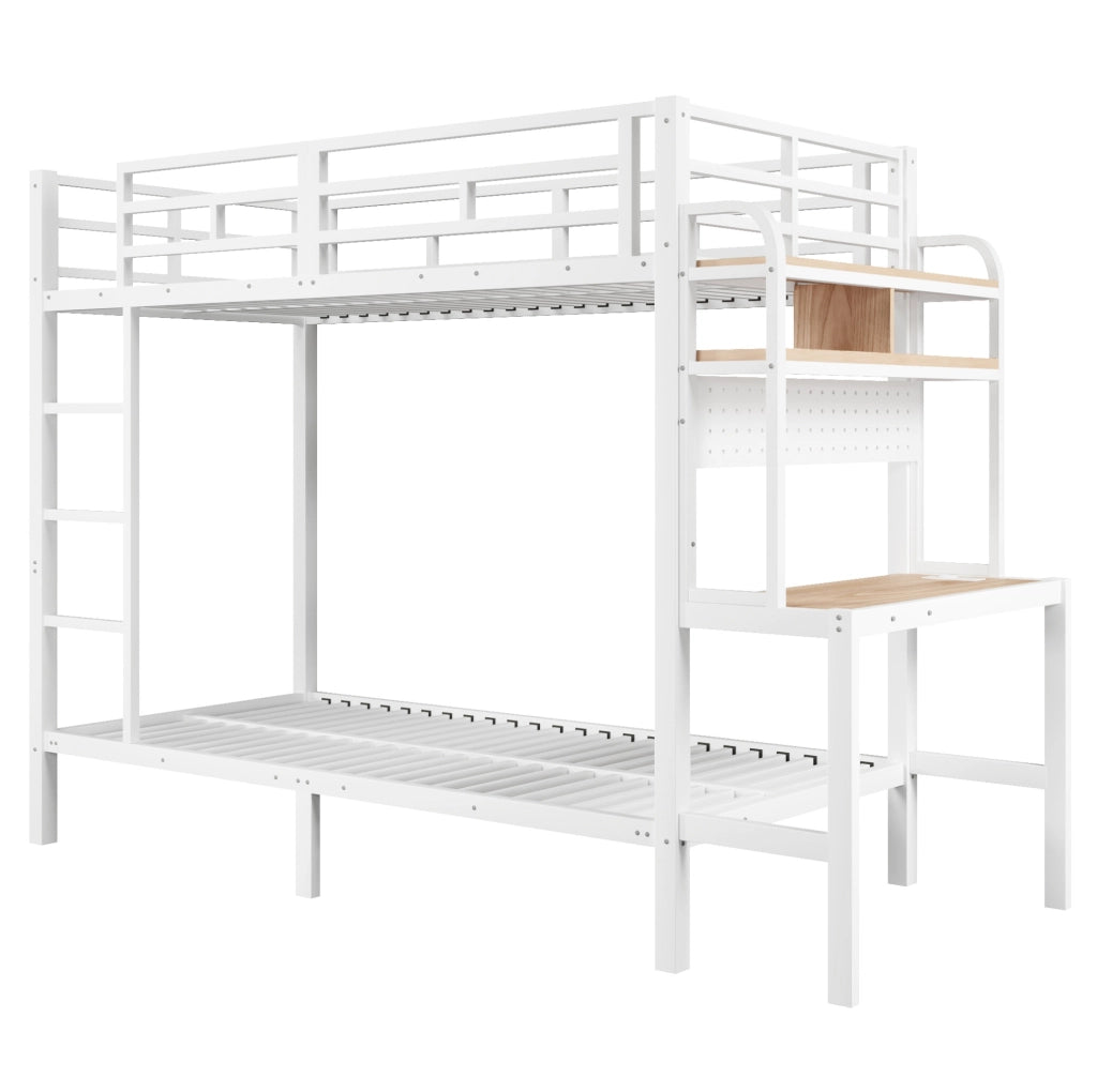 Letto a soppalco ULEVR 90x200 cm con scrivania, ripiani, LED, USB, scala e sponde di sicurezza, bianco
