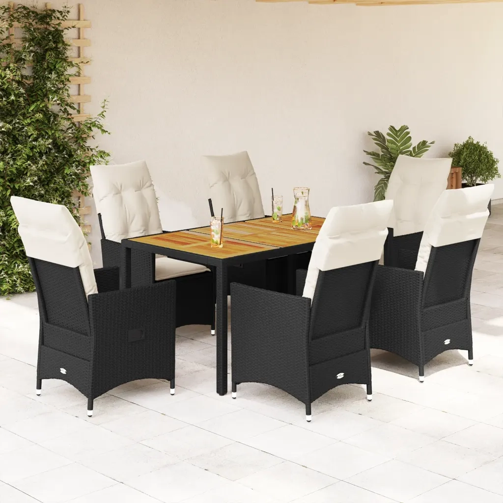 Set da Pranzo da Giardino 7 pz Nero con Cuscini in Polyrattan 3276683