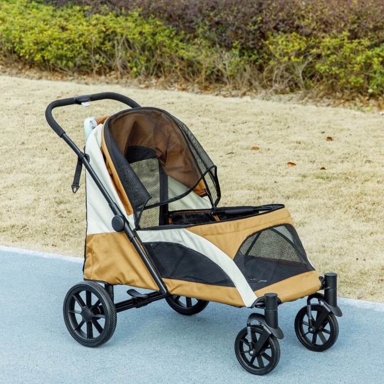 Passeggino per cani ULEVR pieghevole per animali fino a 30 kg, 4 ruote con freno, finestre in rete, marrone