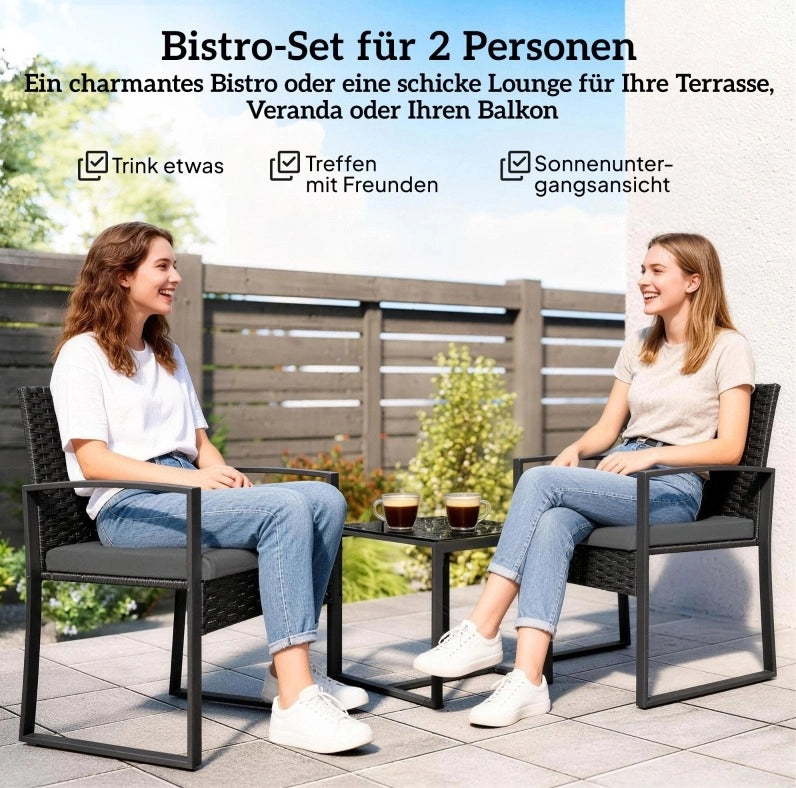 Set da giardino in rattan 3 pezzi con 2 poltrone e tavolino con cuscini sfoderabili grigio scuro