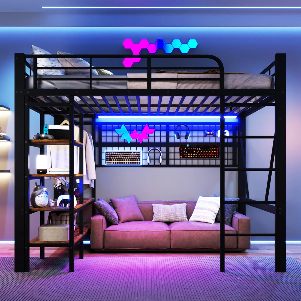 Letto a soppalco in metallo con rete appendi, LED e scala, 140x200 cm, nero