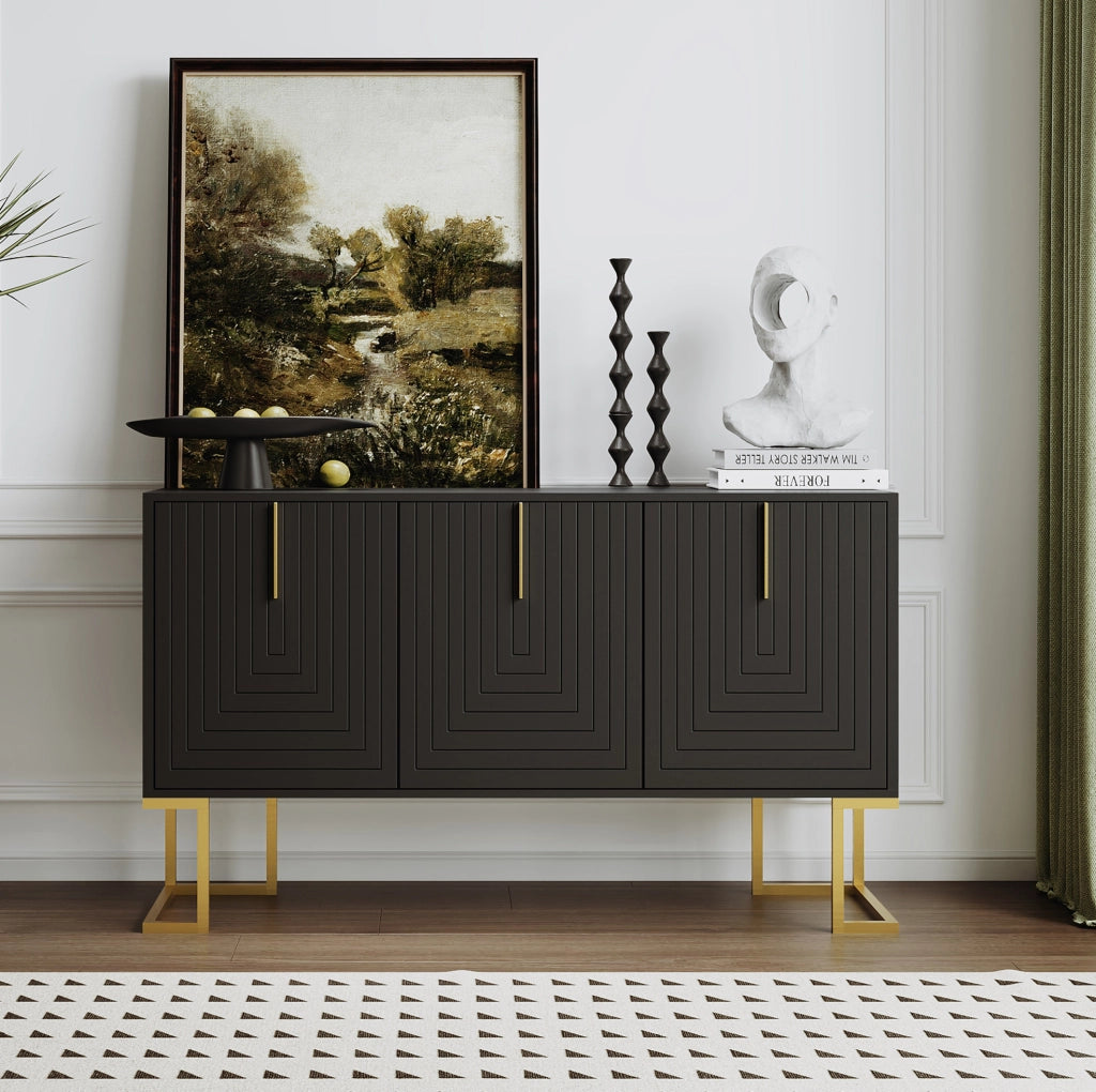 Credenza moderna a 3 ante con ripiani regolabili e base in metallo; MDF nero
