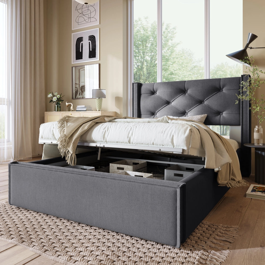 Letto singolo imbottito 90x200 con contenitore e rete sollevabile; cotone grigio